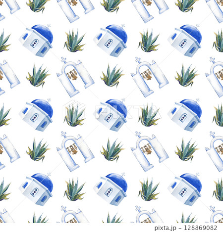Watercolor seamless pattern of domes, Greek bell towers and aloe vera. Seamless background with national landmarks. A template for wallpaper, textiles, gift wrapping, and scrapbooking. Watercolor seamless pattern of domes, Greek bell towers and aloe vera. Seamless background with national landmarks. A template for wallpaper, textiles, gift wrapping, and scrapbooking. 128869082