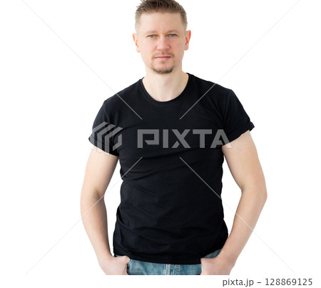 Handsome Man Poses In A Black Blank T-Shirt Isolated On A White Background 128869125