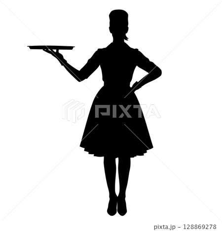 トレーを持つ女性のシルエット - レストラン・ホテルなどサービス業のイメージ グラマーなウエイトレス トレーを持つ女性のシルエット - レストラン・ホテルなどサービス業のイメージ グラマーなウエイトレス 128869278