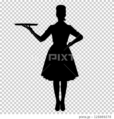 トレーを持つ女性のシルエット - レストラン・ホテルなどサービス業のイメージ グラマーなウエイトレス トレーを持つ女性のシルエット - レストラン・ホテルなどサービス業のイメージ グラマーなウエイトレス 128869278