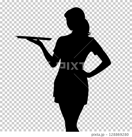 トレーを持つ女性のシルエット - レストラン・ホテルなどサービス業のイメージ グラマーなウエイトレス 128869280