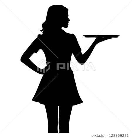トレーを持つ女性のシルエット - レストラン・ホテルなどサービス業のイメージ グラマーなウエイトレス 128869281