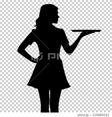 トレーを持つ女性のシルエット - レストラン・ホテルなどサービス業のイメージ グラマーなウエイトレス 128869281