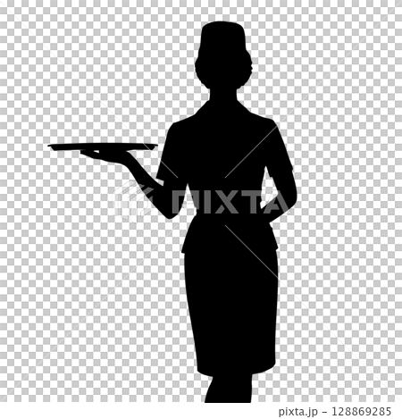 Silhouette of a woman holding a tray - Image of a glamorous waitress in the service industry such as a restaurant or hotel Silhouette of a woman holding a tray - Image of a glamorous waitress in the service industry such as a restaurant or hotel 128869285