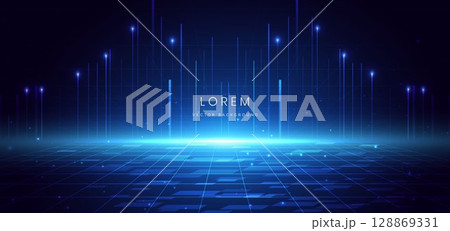 Scene glownig blue light with lighting effect and sparkle on dark blue background. 128869331