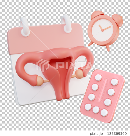 cartoon style Menstrual cycle with calendar and alarm clock 3D graphic 128869360