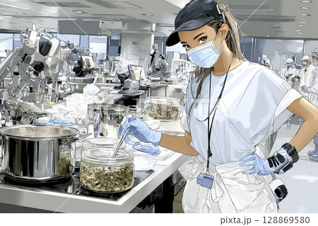 給食センターで料理を作る女性のイラスト素材 128869580