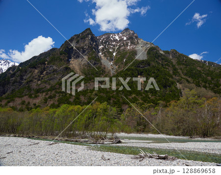 春の観光名所上高地の梓川と穂高連峰の風景 春の観光名所上高地の梓川と穂高連峰の風景 128869658