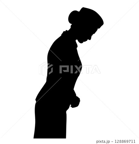 スカーフなし おじぎ・挨拶する日本のスチュワーデス（客室乗務員）のシルエットイラスト  128869711