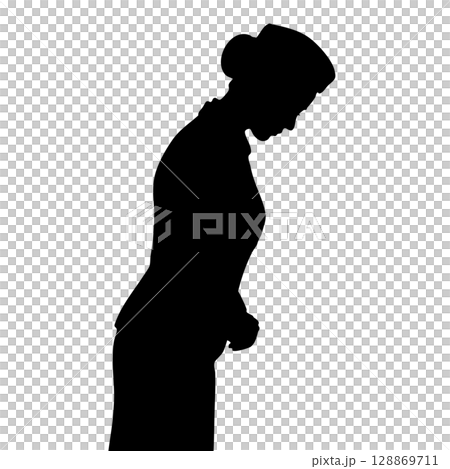 スカーフなし おじぎ・挨拶する日本のスチュワーデス（客室乗務員）のシルエットイラスト  128869711