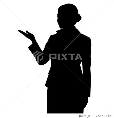 スカーフなし 片手をあげて説明する日本のスチュワーデス（客室乗務員）のシルエットイラスト  128869712