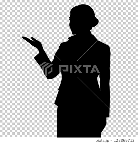 スカーフなし 片手をあげて説明する日本のスチュワーデス（客室乗務員）のシルエットイラスト  128869712