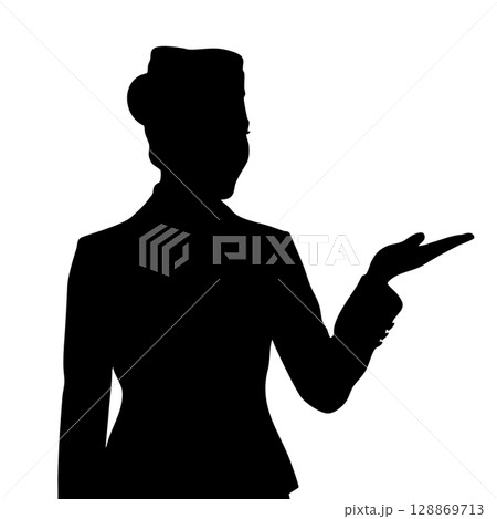 スカーフなし 片手をあげて説明する日本のスチュワーデス（客室乗務員）のシルエットイラスト  128869713