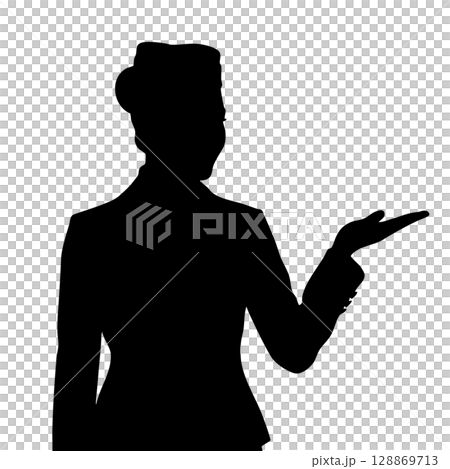 スカーフなし 片手をあげて説明する日本のスチュワーデス（客室乗務員）のシルエットイラスト  128869713