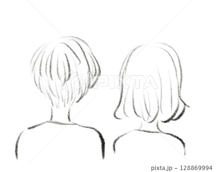 ショートヘアとパーマボブの人物の上半身後ろ姿線画イラスト 128869994