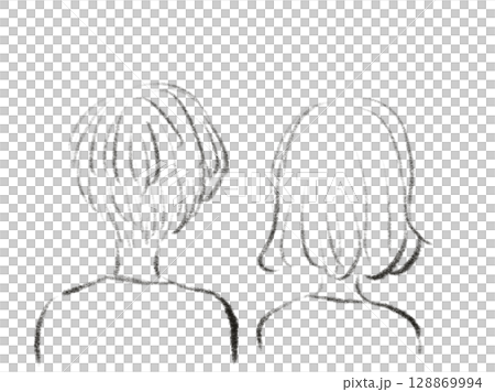 Line drawing of a person with short hair and perm bob, from the back, upper body Line drawing of a person with short hair and perm bob, from the back, upper body 128869994