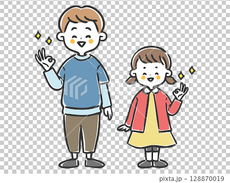 OKサインをする兄妹　全身　ベクター 128870019