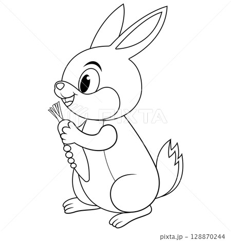 Cartoon rabbit holding carrot with smile line art Cartoon rabbit holding carrot with smile line art 128870244