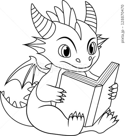 A cartoon of a dragon reading a book line art 128870470