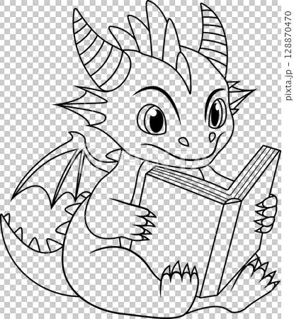 A cartoon of a dragon reading a book line art A cartoon of a dragon reading a book line art 128870470