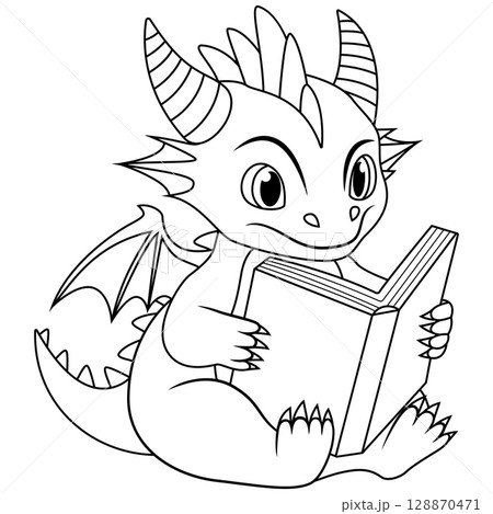 A cartoon of a dragon reading a book line art 128870471