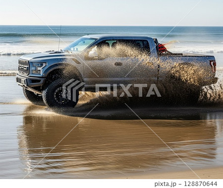 (AI生成）波打ち際を走るピックアップトラック 128870644