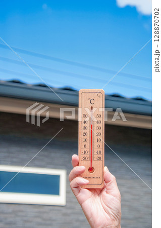 猛暑日 家の近くで外気温39℃の温度計を持つ女性の手 猛暑日 家の近くで外気温39℃の温度計を持つ女性の手 128870702