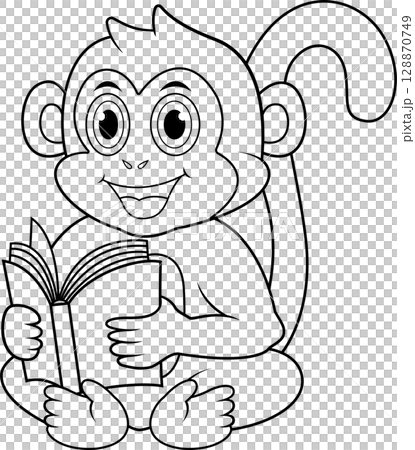Cute cartoon monkey reading book line art 128870749