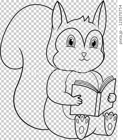 A cartoon of a squirrel reading a book line art 128870754