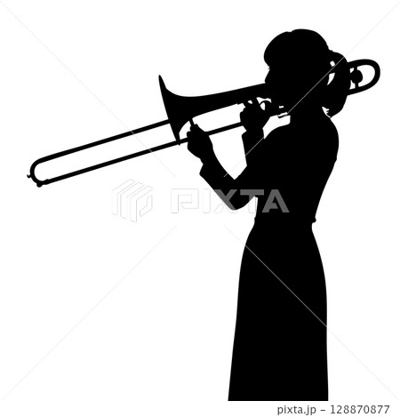 トロンボーンを演奏する女性のシルエットイラスト 128870877