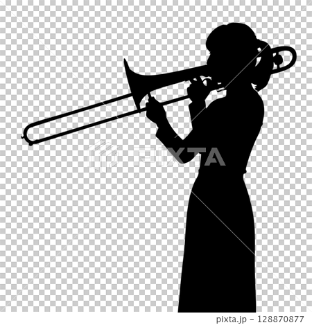 トロンボーンを演奏する女性のシルエットイラスト 128870877