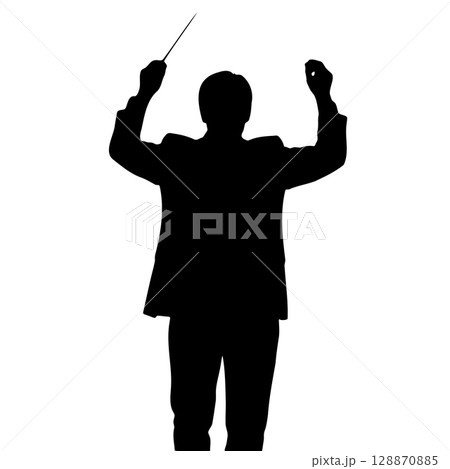 指揮棒を振るオーケストラの指揮者のシルエットイラスト　マエストロ 128870885
