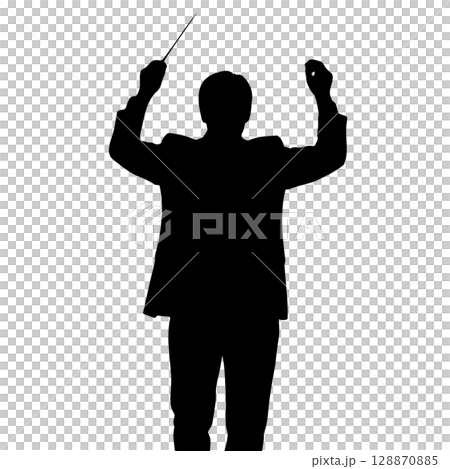 指揮棒を振るオーケストラの指揮者のシルエットイラスト　マエストロ 128870885