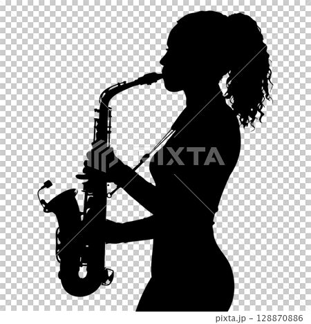 一位女音樂家演奏薩克斯風的剪影插圖 128870886