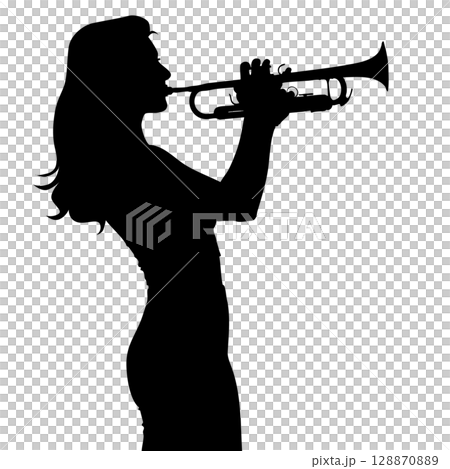 トランペットを演奏する女性のシルエットイラスト 128870889