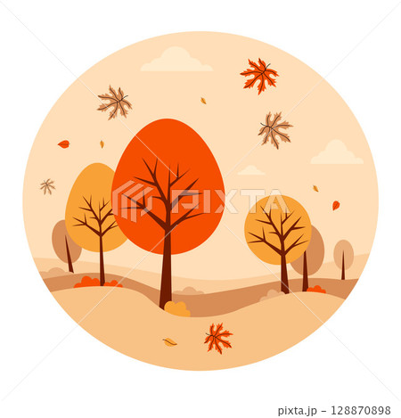 Autumn landscape with trees and falling maple leaves. Minimal fall square Round background. Vector illustration. Perfect for seasonal poster, banners. Not AI Autumn landscape with trees and falling maple leaves. Minimal fall square Round background. Vector illustration. Perfect for seasonal poster, banners. Not AI 128870898