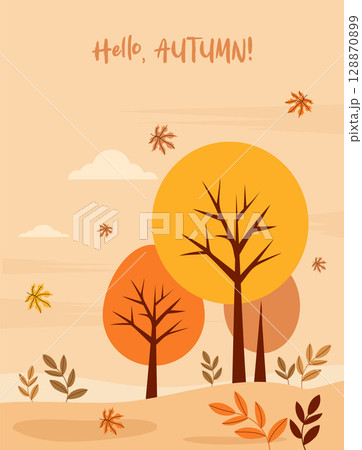 Hello Autumn. Autumnal landscape with trees and falling maple leaves poster. Minimal fall vertical background. Vector illustration. Perfect for seasonal banners. Not AI Hello Autumn. Autumnal landscape with trees and falling maple leaves poster. Minimal fall vertical background. Vector illustration. Perfect for seasonal banners. Not AI 128870899