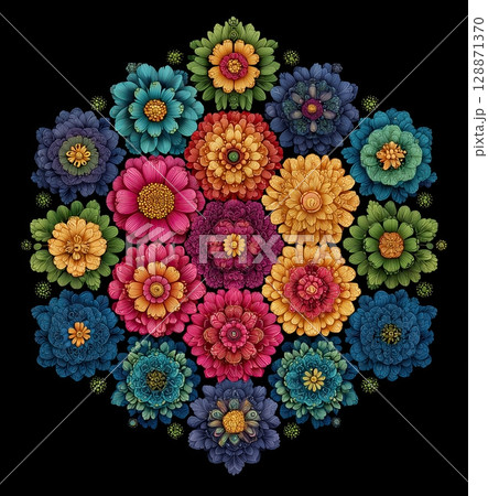panel made of many different colored hexagons with various flower patterns in the center, on a black background. The pattern is symmetrical and geometri panel made of many different colored hexagons with various flower patterns in the center, on a black background. The pattern is symmetrical and geometri 128871370