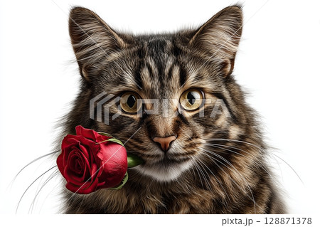 Cat portrait, looking straight towards the camera, isolated on a white background, holding a red rose gently in his mouth 128871378