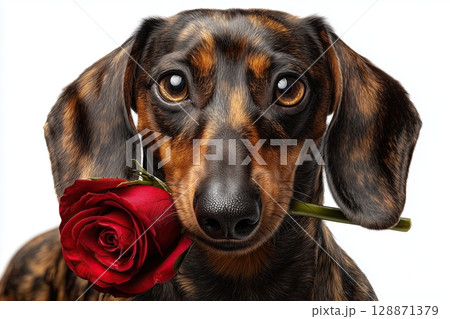 Dachshund dog portrait, looking straight towards the camera, isolated on a white background, holding a red rose gently in his mouth 128871379