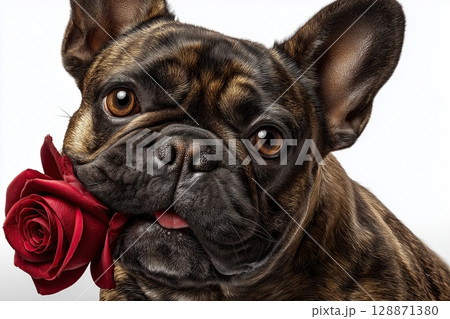 French bulldog dog portrait, looking straight towards the camera, isolated on a white background, holding a red rose gently in his mouth 128871380