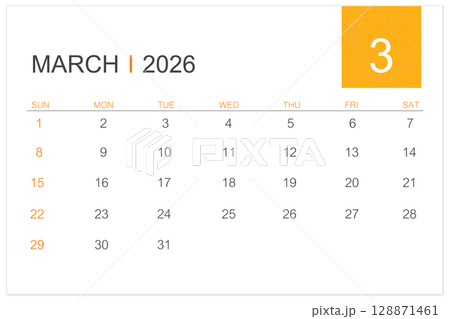 March calendar page for 2026 year isolated on white background, Save clipping path. March calendar page for 2026 year isolated on white background, Save clipping path. 128871461