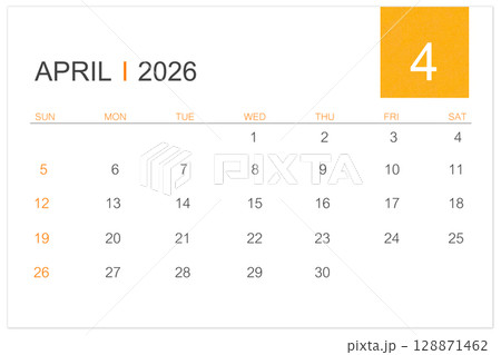 April calendar page for 2026 year isolated on white background, Save clipping path. 128871462