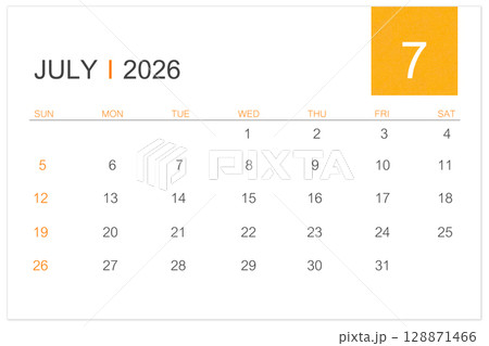 July calendar page for 2026 year isolated on white background, Save clipping path. July calendar page for 2026 year isolated on white background, Save clipping path. 128871466