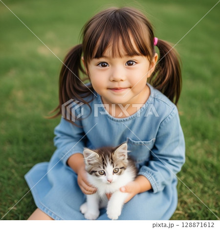 芝生の上で子猫を抱きしめる笑顔の女の子のポートレート 動物愛護週間 かわいい子猫 日本人の子供 128871612