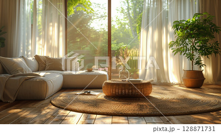 朝日の差し込むナチュラルなリビングルームと植物のある暮らし 128871731