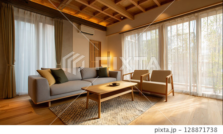 和モダンな明るいリビングルームと自然素材のインテリア 128871738