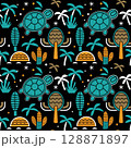 turtles, cacti, and palm trees on a dark background. seamless vector pattern 128871897