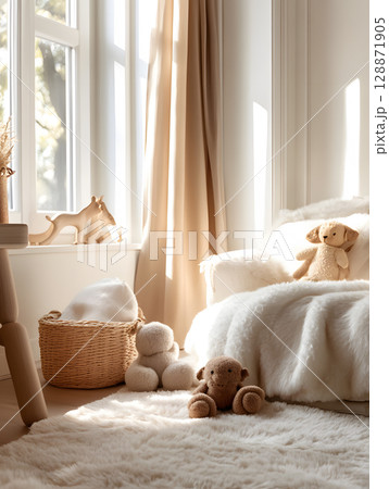 Kids room background for zoom calls. Creative Scandinavian interior. Minimalistic white design 128871905