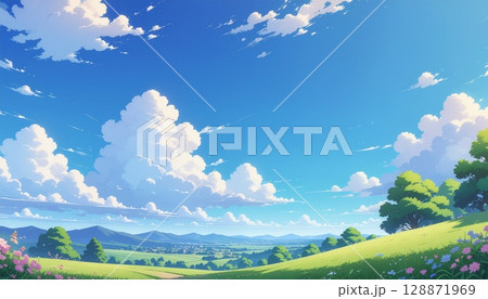 美しい緑の丘と青空 128871969